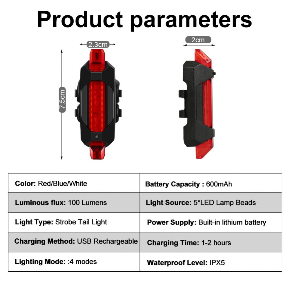 Portable USB Rechargeable Bike LED Tail Light Bicycle Tail Rear Safety Cycling Warning Light Taillight Lamp Cycling Accessories