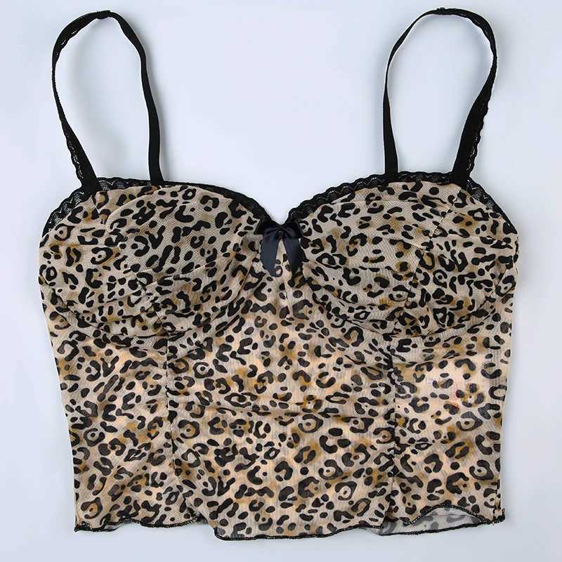 Tanks pour femmes Camis Rockmore Leopard Print Mesh Camis Streetwear Y2K Vintage en dentelle Bow avec des cultures sans dos sans arrière sexy haut de gamme Fiche Mini Tank Top 2024 J240409