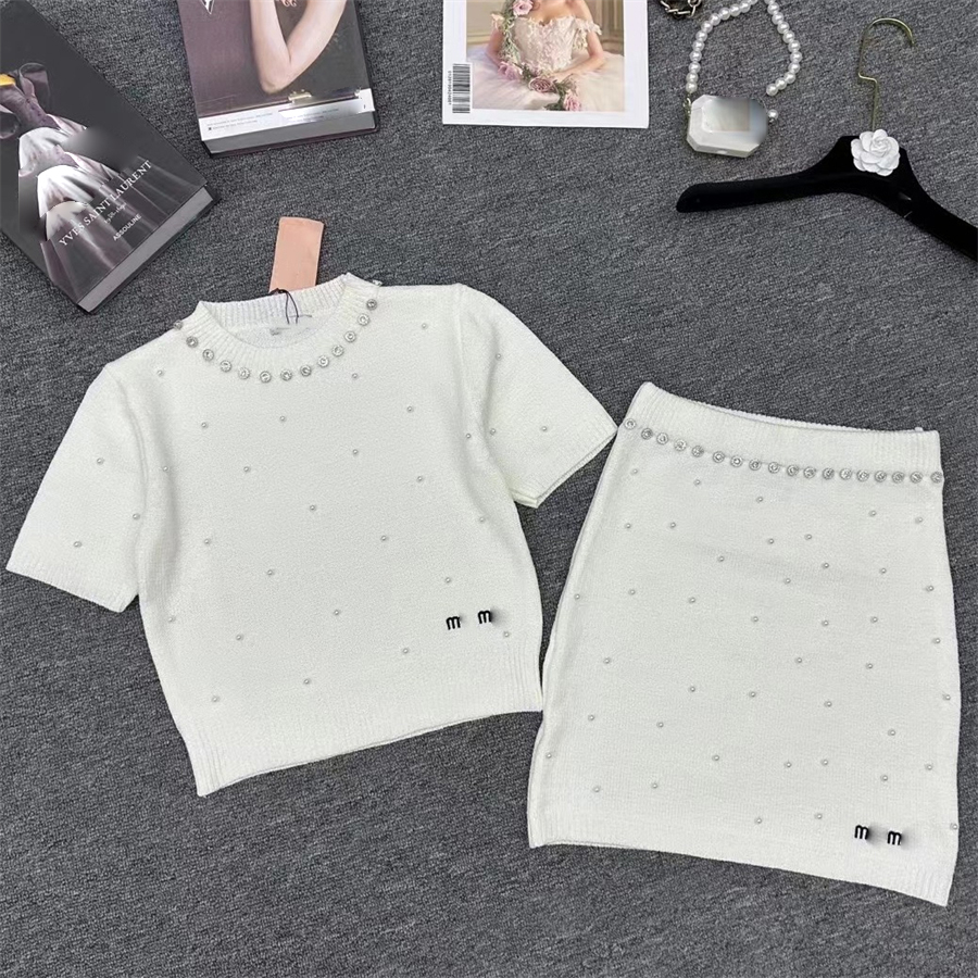 Women's juicy tracksuit skirt set spring knitted clothes light luxury elegant simple letters embroidery skirt hot drilling beaded tops