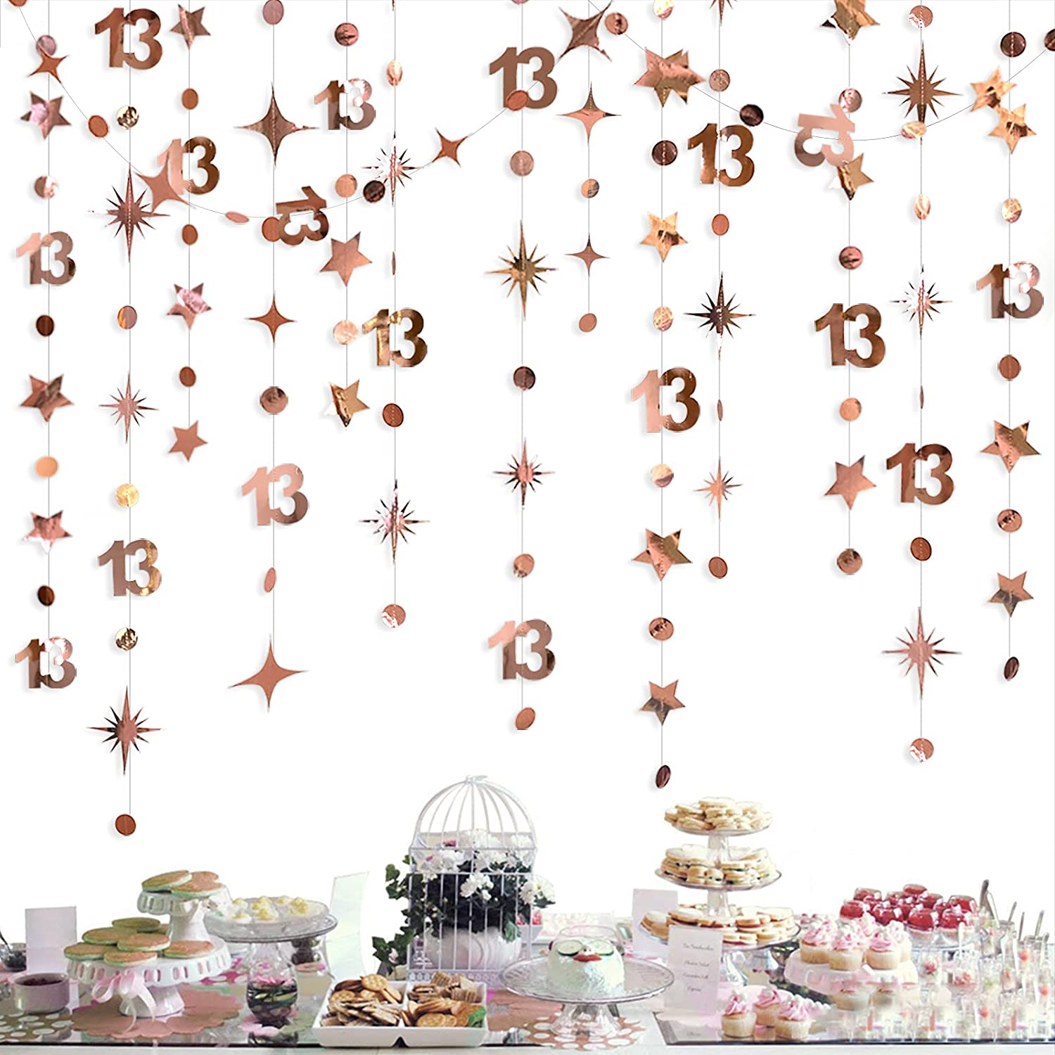 13ft Rose Gold Girls 13th Birthday Decorations Number 13 Circle Pricks Twinkle Star Garlands Backdrop för 13 -årig festdekor