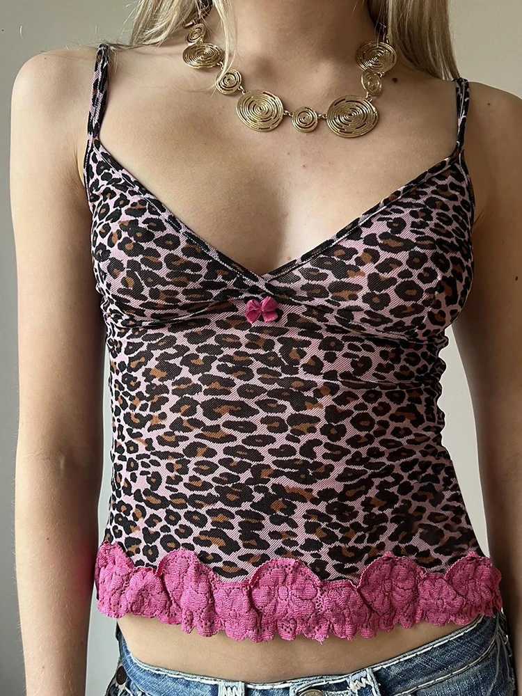 Tanks pour femmes Camis Rockmore Retro Lace Decal Léopard Imprimé de corset à ajustement serré pour femmes Mesh Vneck Crop Camis Y2K Street Clothing For Womens Aesthetic Clothin