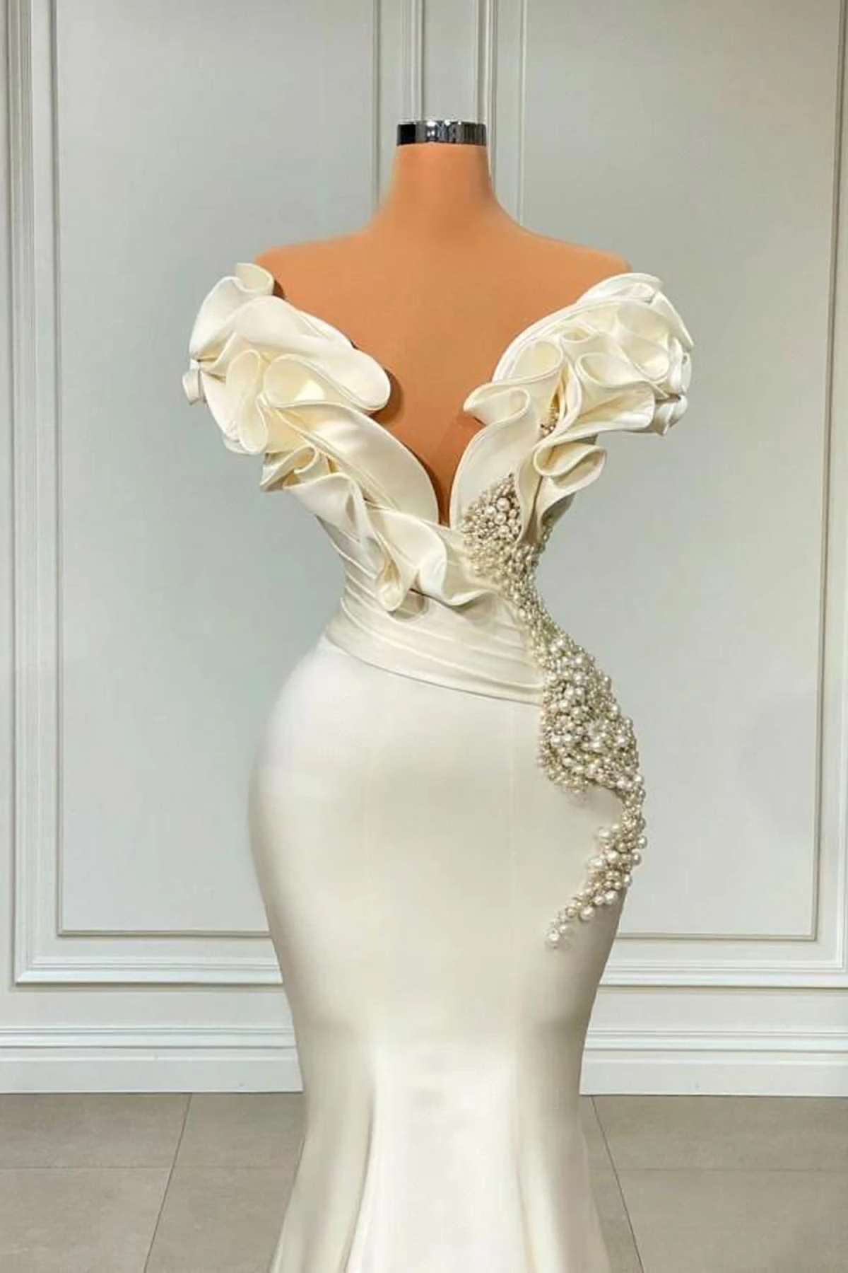 Moda deniz kızı gelinlik tasarımcısı v yaka inciler pleats leke mahkeme elbisesi sırtsız özel yapım artı boyutu gelin elbisesi vestidos de novia