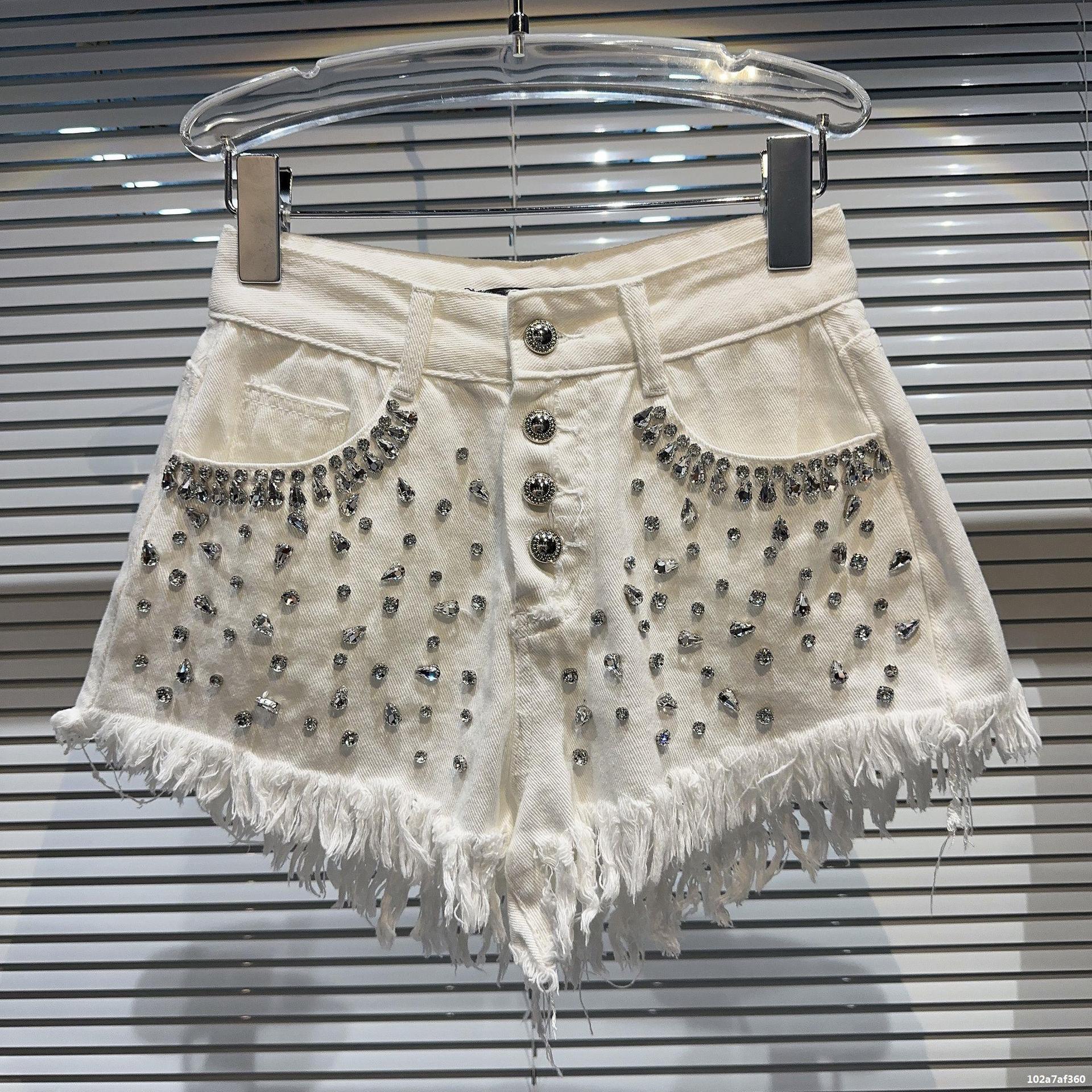 Y079 Été Nouveau Big Big Grain Water Diamond Soldded Fringe Fringe Edge Denim Shorts pour femmes