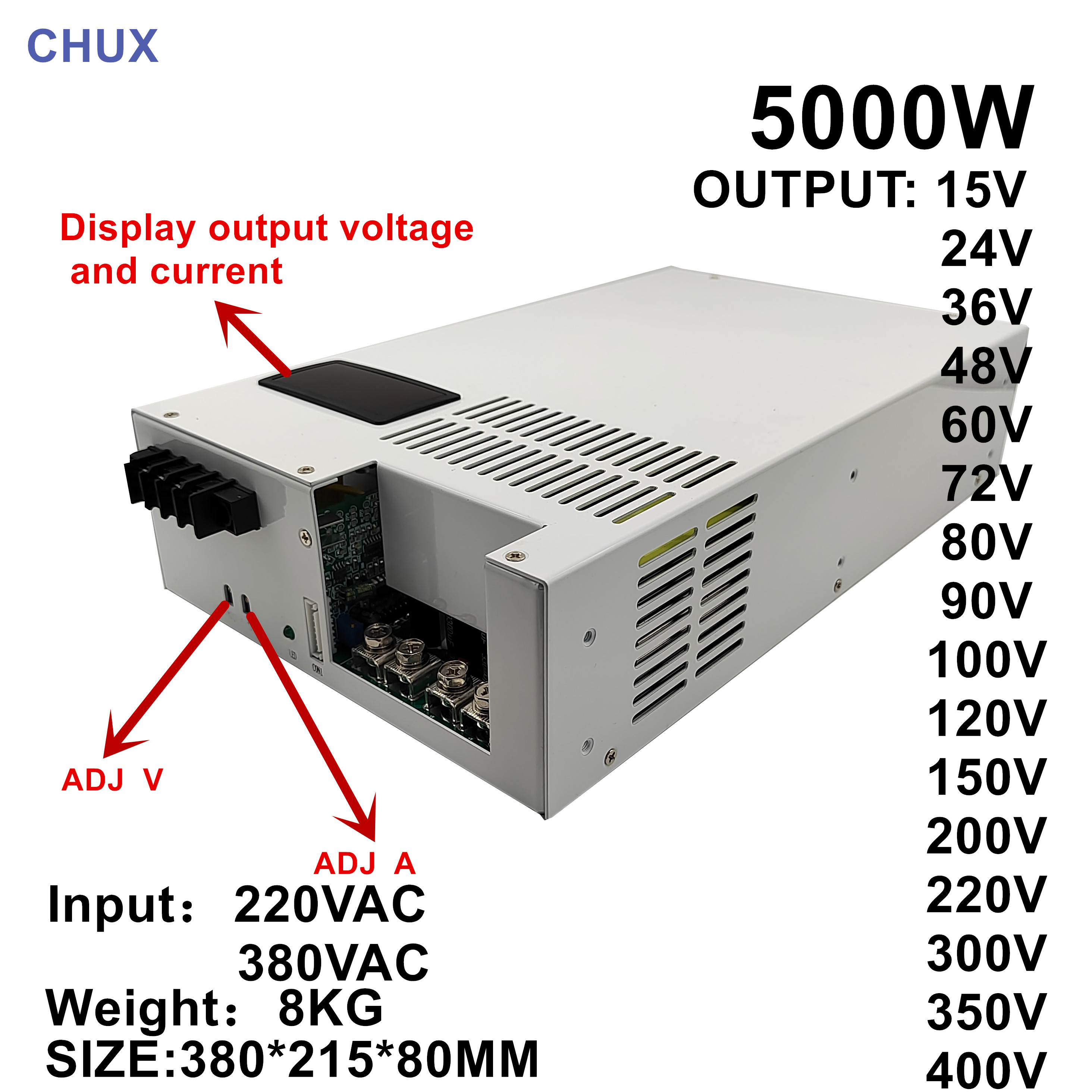 Alimentazione di commutazione Chux12V 24V 36V 48V 60V 72V 110V 200V 300V 400V 5000W Trasformatore AC DC SMPS SMPS Strip Light CCTV Motore