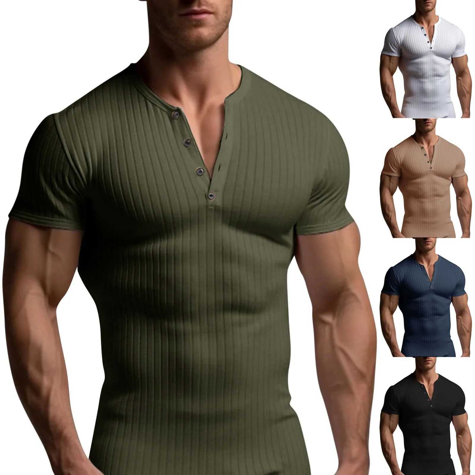 Camisas casuais masculinas Camiseta de t-shirt de verão Roupas de fitness Roupos de fitness músculos Slim Fit Manga curta T-shirt colar de gola em V do colarinho casual 2449