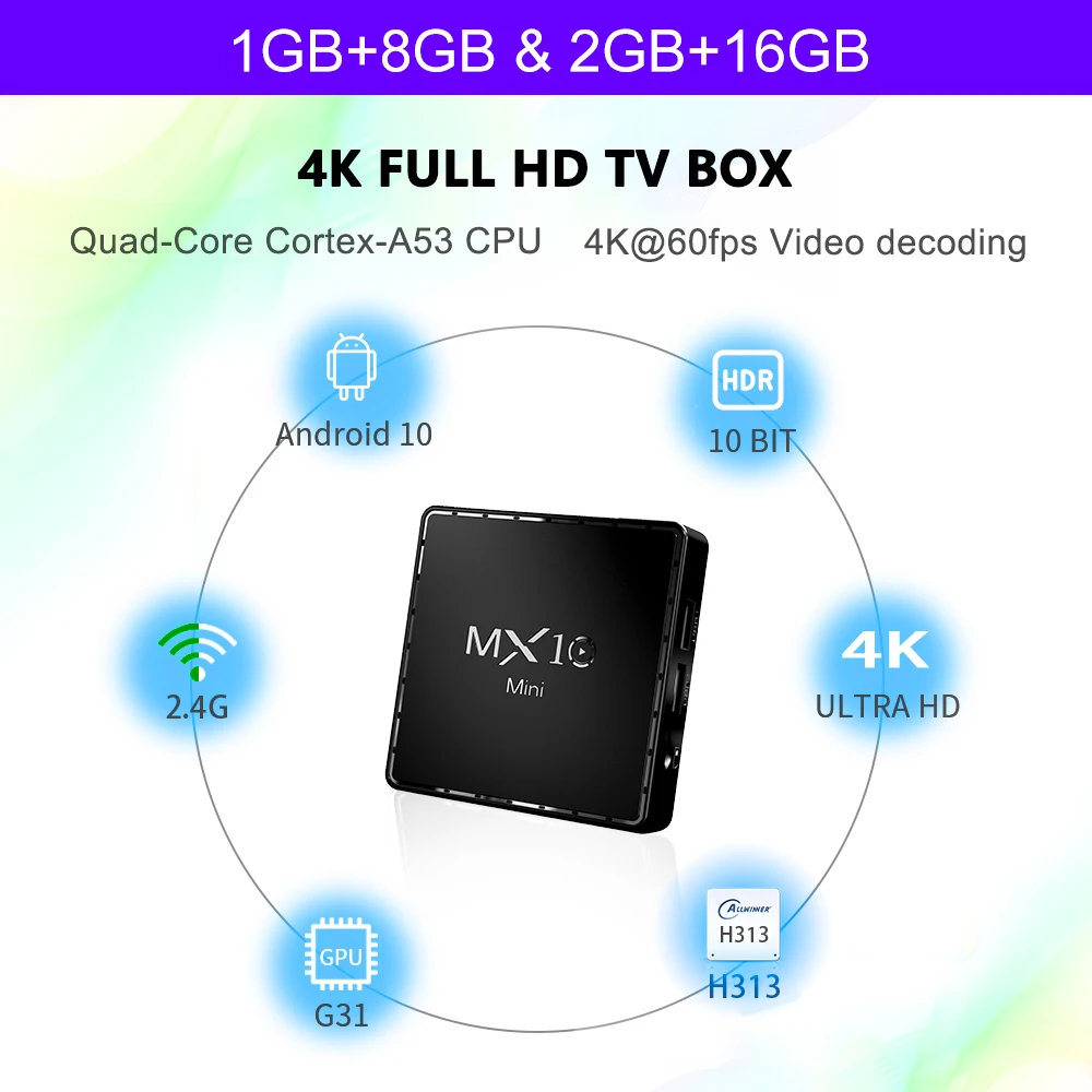 Box MX10 Mini Android 10 TV Box Prise en charge 2.4G 5G Dual WiFi BT 4.2 6K Google Voice Assistant Media Player Google YouTube MX10