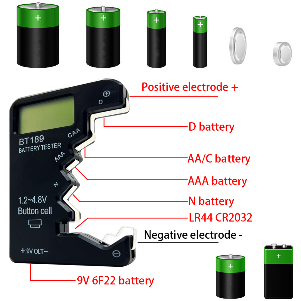 BT-189 AA/AAA/C/D/9V/1.5V LCDディスプレイユニバーサルバッテリー電圧メーターは、ボルトテスターチェッカーBT189バッテリーテスターを示す