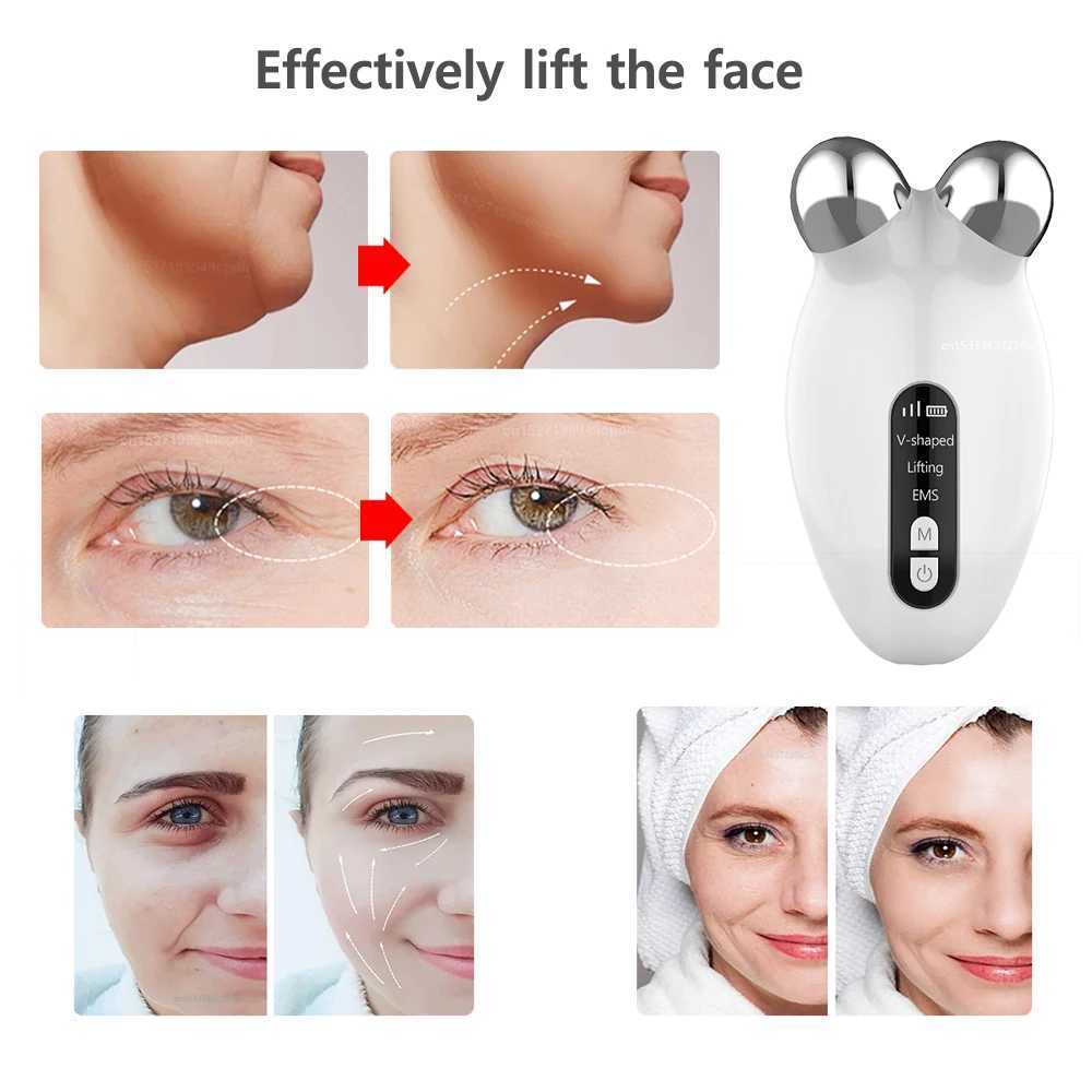 Ansiktsmassager ansiktsmassager EMS Roller Microcourrent Massager för Face Electric Double Chin Reducer Ta bort vibrator Anti-cellulit Lyft 240409