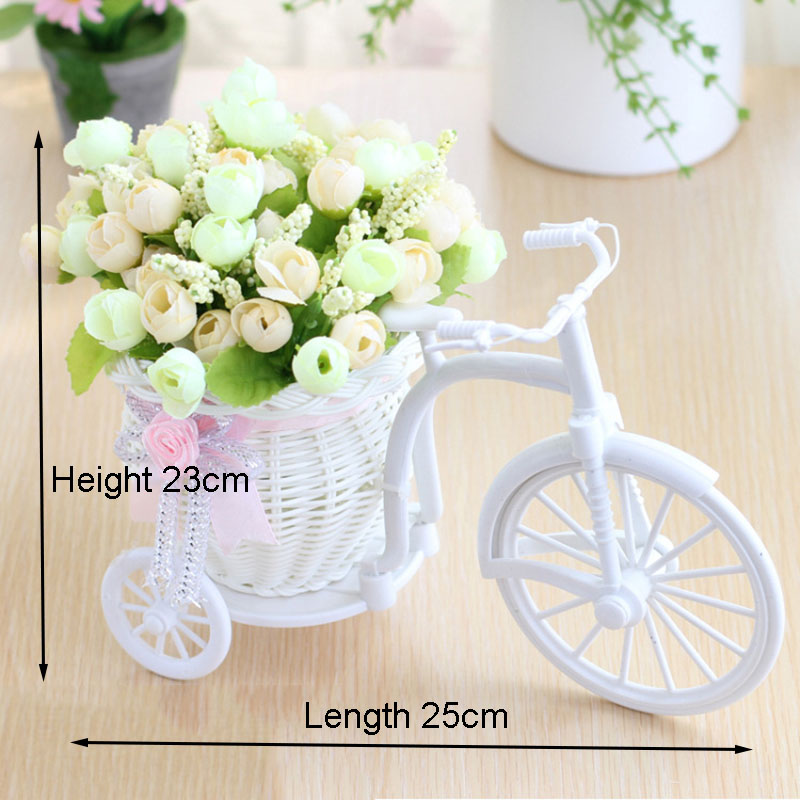 Konstgjorda blommor Silk Roses Rattan Bike Vase Plastic Bicycle Desktop Decorative Rose Bonsai Plant Outdoor Home Office Decor