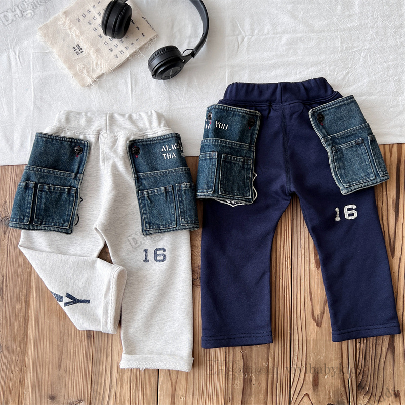 DD -stijl kinderbrief geprinte broek jongens afneembare denim pakket casual broek mode kinderen trekstring taille losse broek z7599