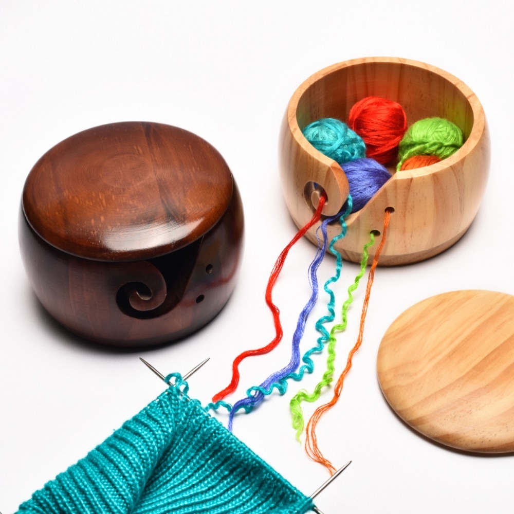 Tazón de hilo de madera Organizador de canasta de almacenamiento de tejido de lana con agujeros hechos a mano evitan la bolsa de almacenamiento de deslizamiento para el kit de crochet de artesanía