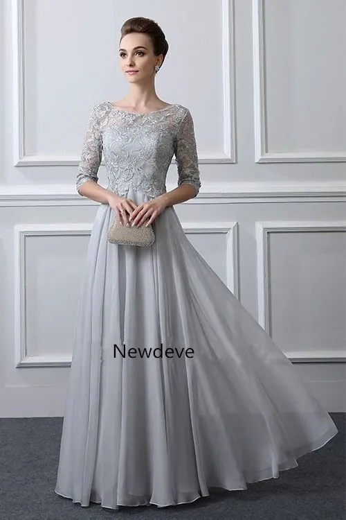 Sliver Lace Mother Of The Groom Dresses with 3/4 Sleeves A-Line Chiffon Wedding Guest Gowns 2020 Mothers Evening Formal Wear