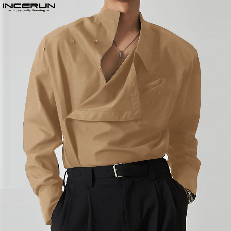 Casual Simple Style Tops INCERUN New Mens Diagonal Placket Solid Simple All-matcg Blouse Handsome Male Long Sleeved Shirts S-5XL
