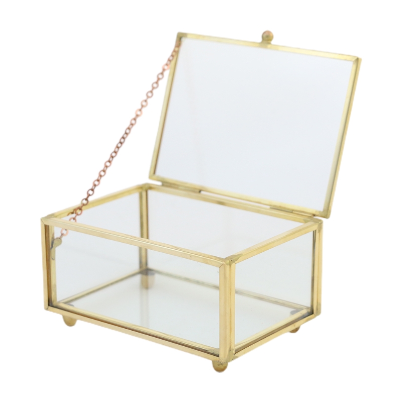 Vintage Golden Glass Deckel Box Dekorativ Schmuck Kedensake Display Organizer klarer Rechteckbox Ringe Armband Golden für