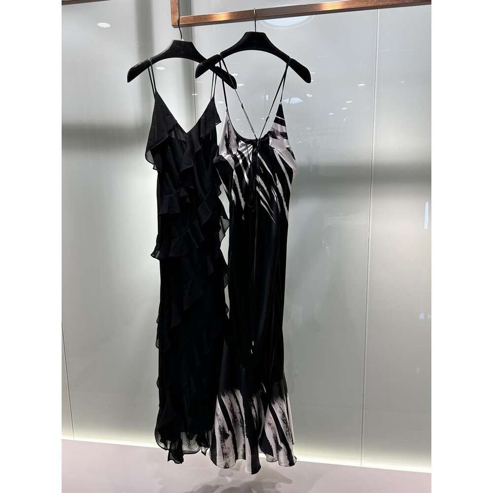 2024 roupas femininas de seda preto e branco Vestido de impressão de tinta primavera Summer Novo 408