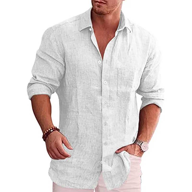 Camisas casuais masculinas masculas camisa sólida linho colarinho de colarinho comprido camisa de moda coreana camisetas sociais para homens blush 2449