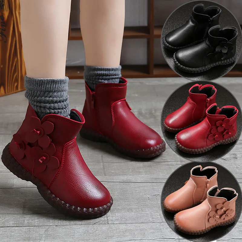 Stövlar Autumn Winter Girls Boots Children Warm Plush Winter Boots Shoes Kids Snow Boots Girls Casual Leather Shoes 4 5 6 7 8 9 1014T