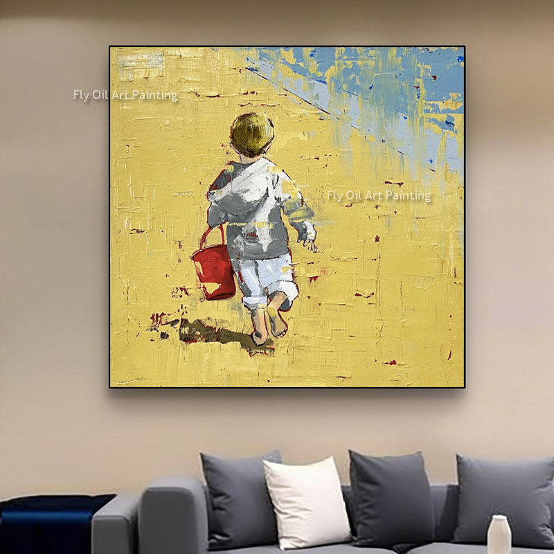 Little Boy on the Beach Canvas Malen handgefertigte Kinder Seascape Strand Malerei auf Tafel Ölmalerei moderne Wandkunst für Wohnzimmer Schlafzimmerdekoration