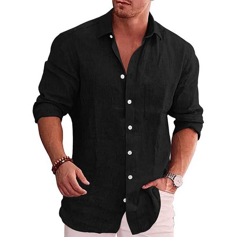 Camisas casuais masculinas masculas camisa sólida linho colarinho de colarinho comprido camisa de moda coreana camisetas sociais para homens blush 2449