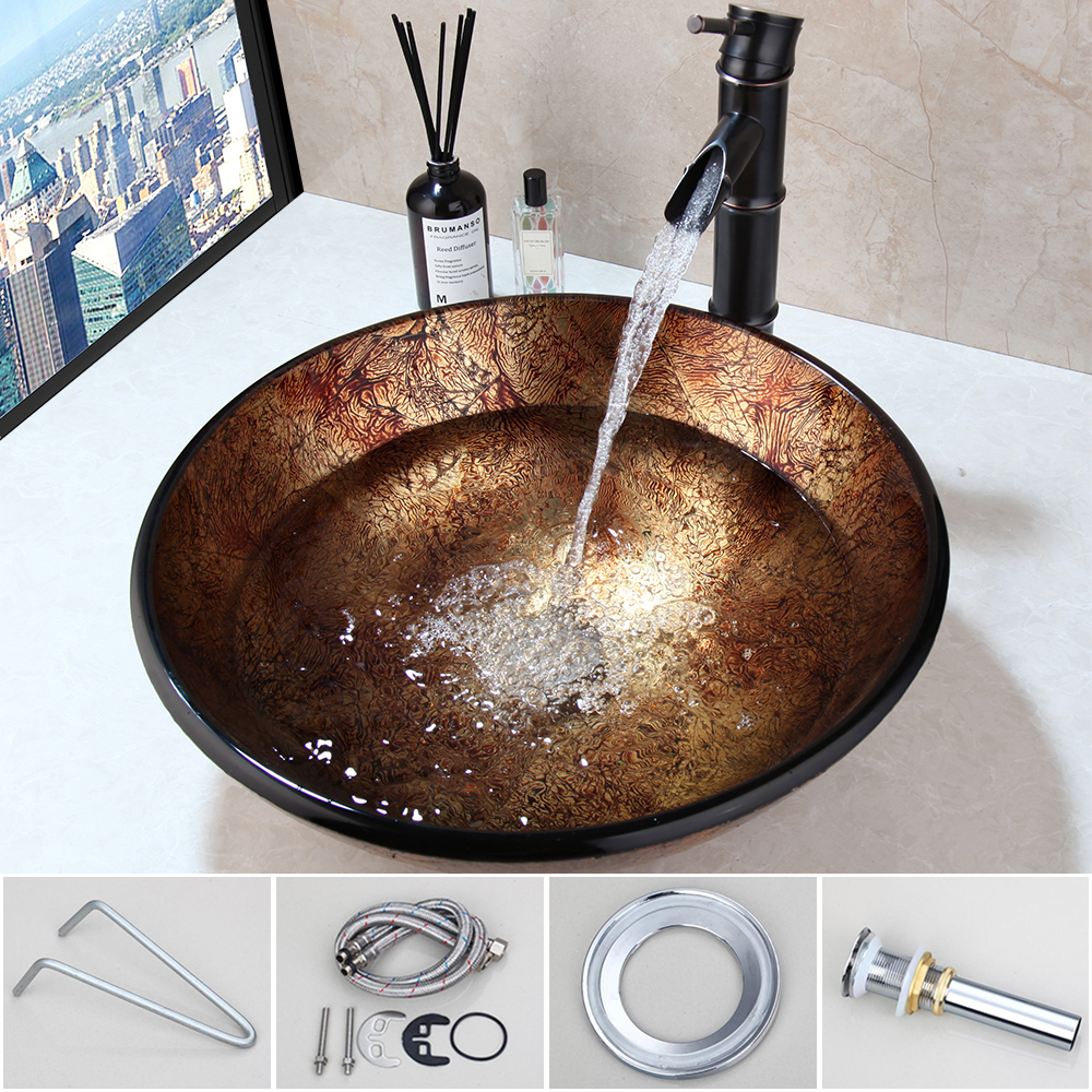 Torayvino Bathroom Round Hand Made Tempered Glass Wash Basin Sink Blacked Deck Mounted Faucet Set With Pop-up Sink Drain