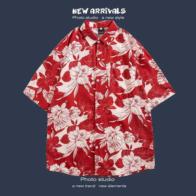 Herren -Casual -Shirts 2024 Sommer Blumenbluse kurzärmeliges loses koreanisches Hemd für Jungen und Jungen gekräuselt und hübsches Top Hawaii Urlaubshemd 240409