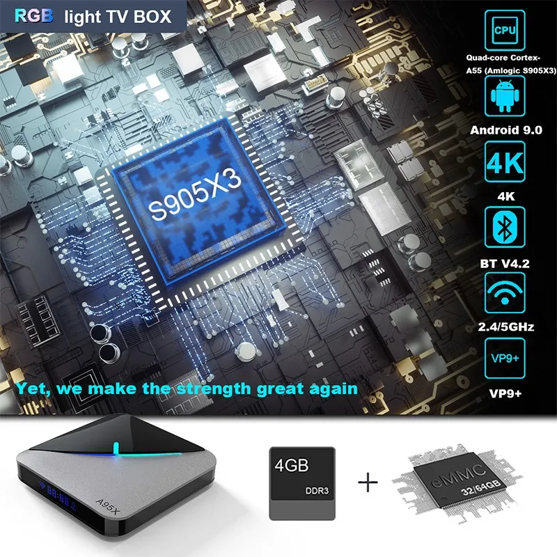 ボックスA95X F3エアテレビボックスアンドロイド2022スマートホームAmlogic S905x3 2G 16G 4G 32G 64G 4K Android 9.0 2.4G 5GデュアルバンドWiFiセットトップボックス