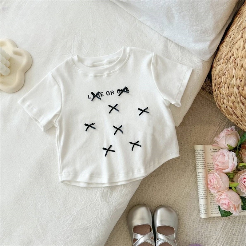 Summer Kids Bow Letter Tryckt T-shirt ins baby flickor Kort ärm tees vita spetskakor kjolar barn bomull casualt toppar 2-7t S1314