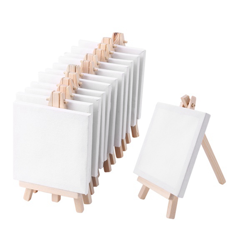 4 par 4 pouces Mini Canvas et 8 * 16cm mini chevalet en bois pour peindre des fournitures d'artistes d'étudiants à école à dessin, 12 pack