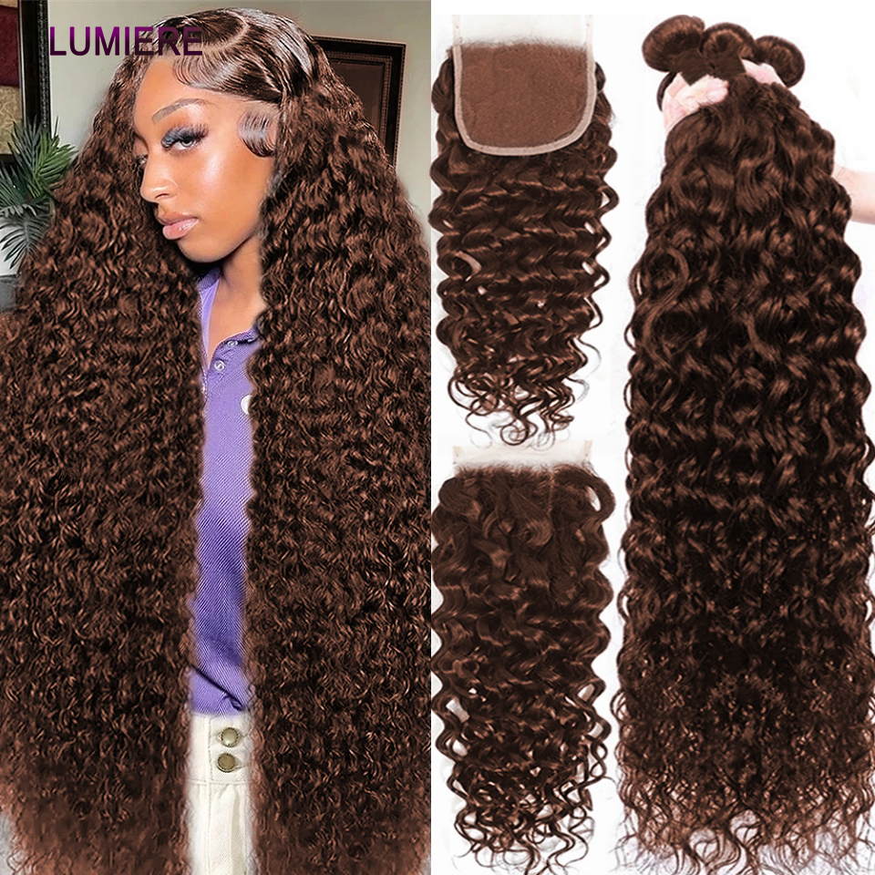 #4 paquete de ondas de agua de color marrón de chocolate con cierre HD HD Transparente Lace Brasil Brasileño Raw Human Weave Bundle Deal