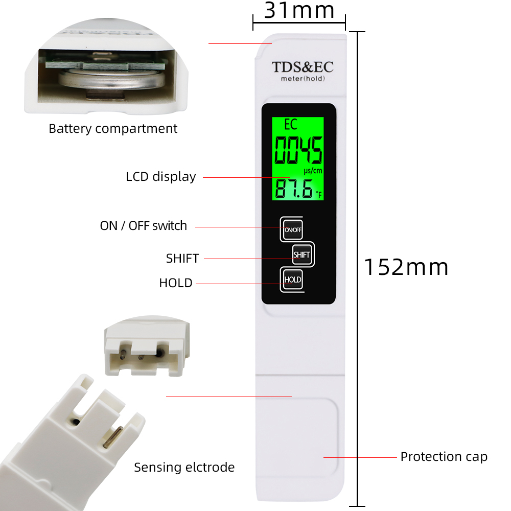 3 IN1 TDS/EC Метр температуры качества воды Печка 0-9990PPM Монитор проводимости Проводно