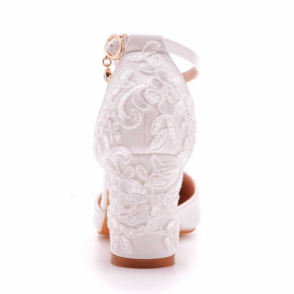 Dress Shoes Crystal Queen White Lace Wedding Thick Flower High Heels Women Bridal With Low Mouth Buckle 7CM Sandals Pumps H240409