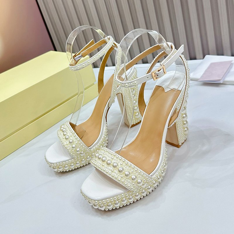 New High-Quality Female Platform Sandals Summer Pearl Decor Upper Patent Leather Material Women's Pumps One Strap Design Square Head High Heel Sandals