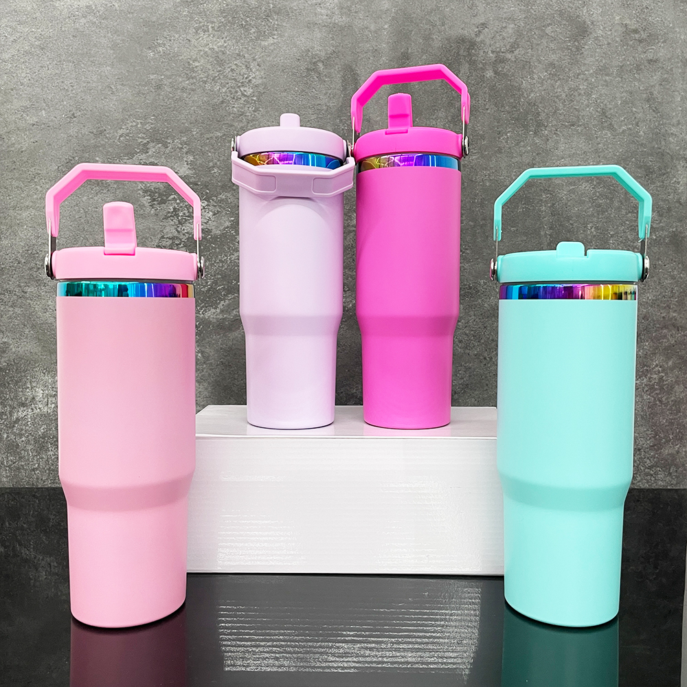 USA 30oz mirror rainbow plated blank sublimation macaron laser tumbler outdoor camping easy carry portable handle water bottle travel coffee mug with flip straw