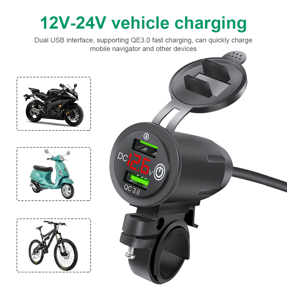 Chargeur de moto DC 12V-24V Dual USB Chargeur de guidon étanche avec voltmètre QC3.0 Adaptateur de charge rapide