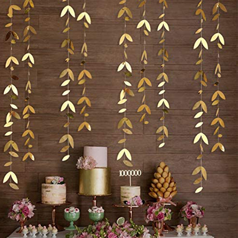 13 ft Mirror Gold Paper Leaf Garlands lämnar streamerdekorationer som hänger för guld födelsedag baby shower bröllop xmas festdekor