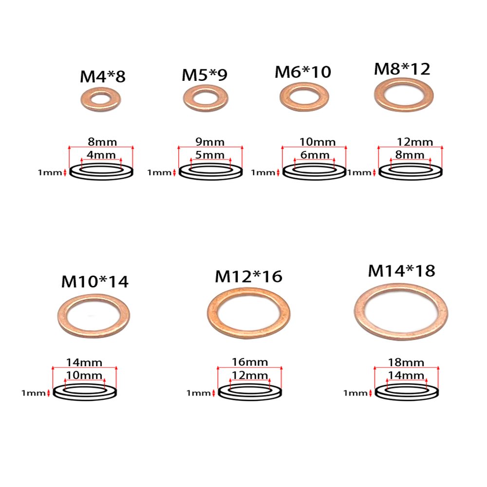 Écrou de joint de lave-cuivre et boulon Kit d'assortiment de joint à anneau plat avec boîte M4 / M5 / M6 / M8 / M10 / M12 / M14 pour les bouchons de carter