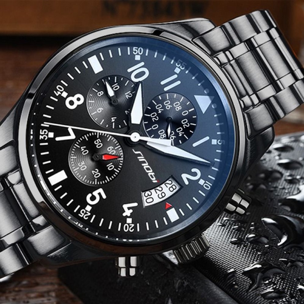 Sinobi Uhren Männer wasserdichte Edelstahl Luxus -Pilot -Handgelenk Uhr Chronograph Date Sport Diver Quarz Uhr Montre Homme186j