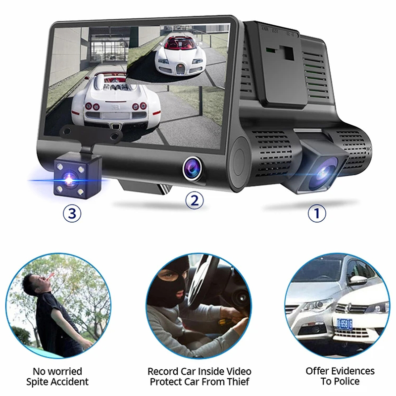 3 Lens Dash Cam Car DVR HD 1080p 4 Inch Dash Camera Driving Recorder Automatisk video Motion Detection 170 graders vidvinkel Parkeringsövervakningskamera C2