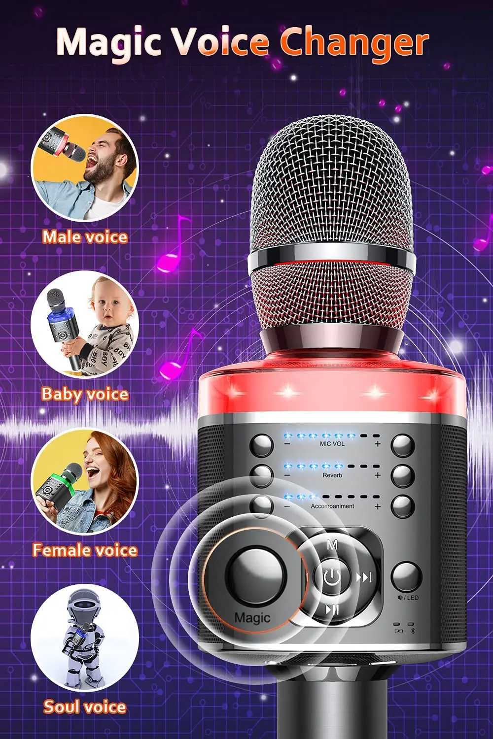 Микрофон Караоке Микрофон Bluetooth Wireless Mic с магическим звуком светодиодного светодиода Портативная поющая машина для дома KTV Party Head/Kid Gift 240408