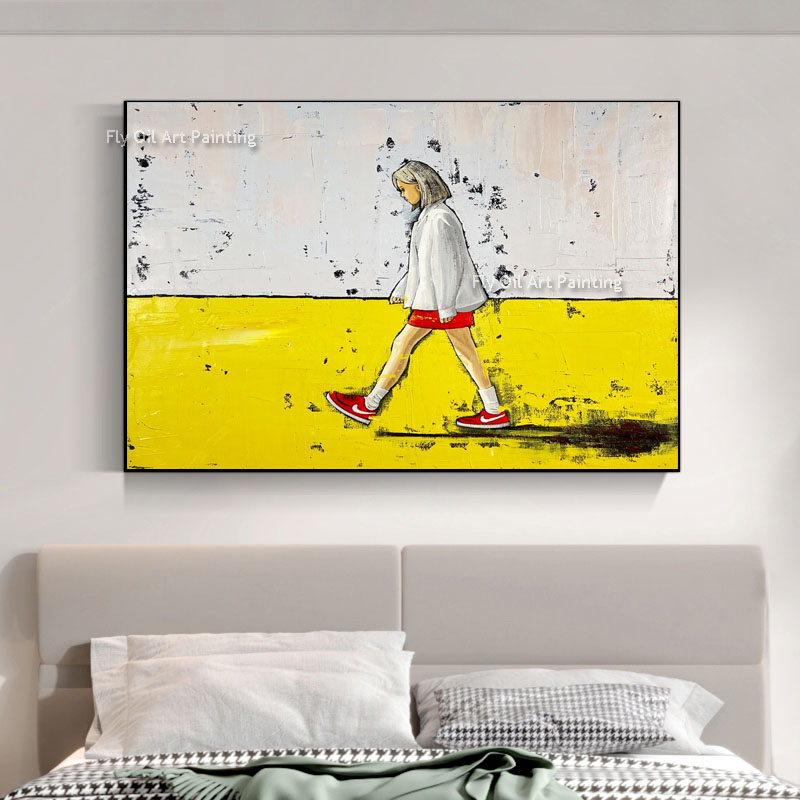 Little Girl Walking On The Beach Oil Painting Handmade Girl Figure Painting On Yellow Canvas Modern Wall Art For Home Decor As Best Gift