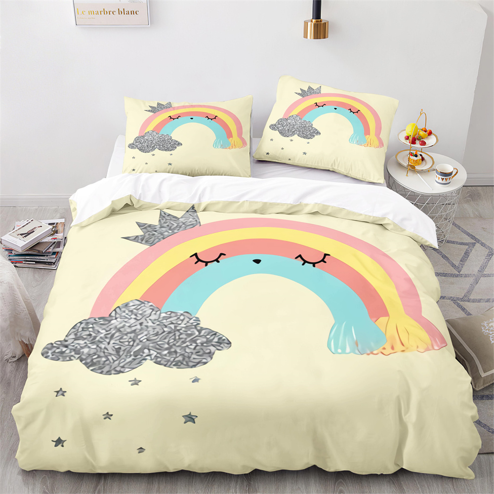 Regenboog dekbedovertrek set kleurrijke regenboog witte wolken patroon schattig kawaii polyester dekbed deksel koning queen size voor meisjes