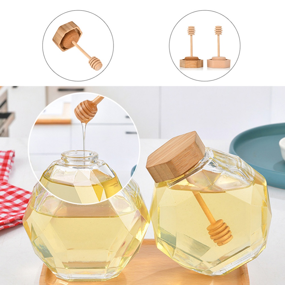 200/380ml Glass Hexagonal Glass Honey Jars Bottle With Wooden Stirring Rod Honey Jar Pot Container Cork Lid For Home Kitchen