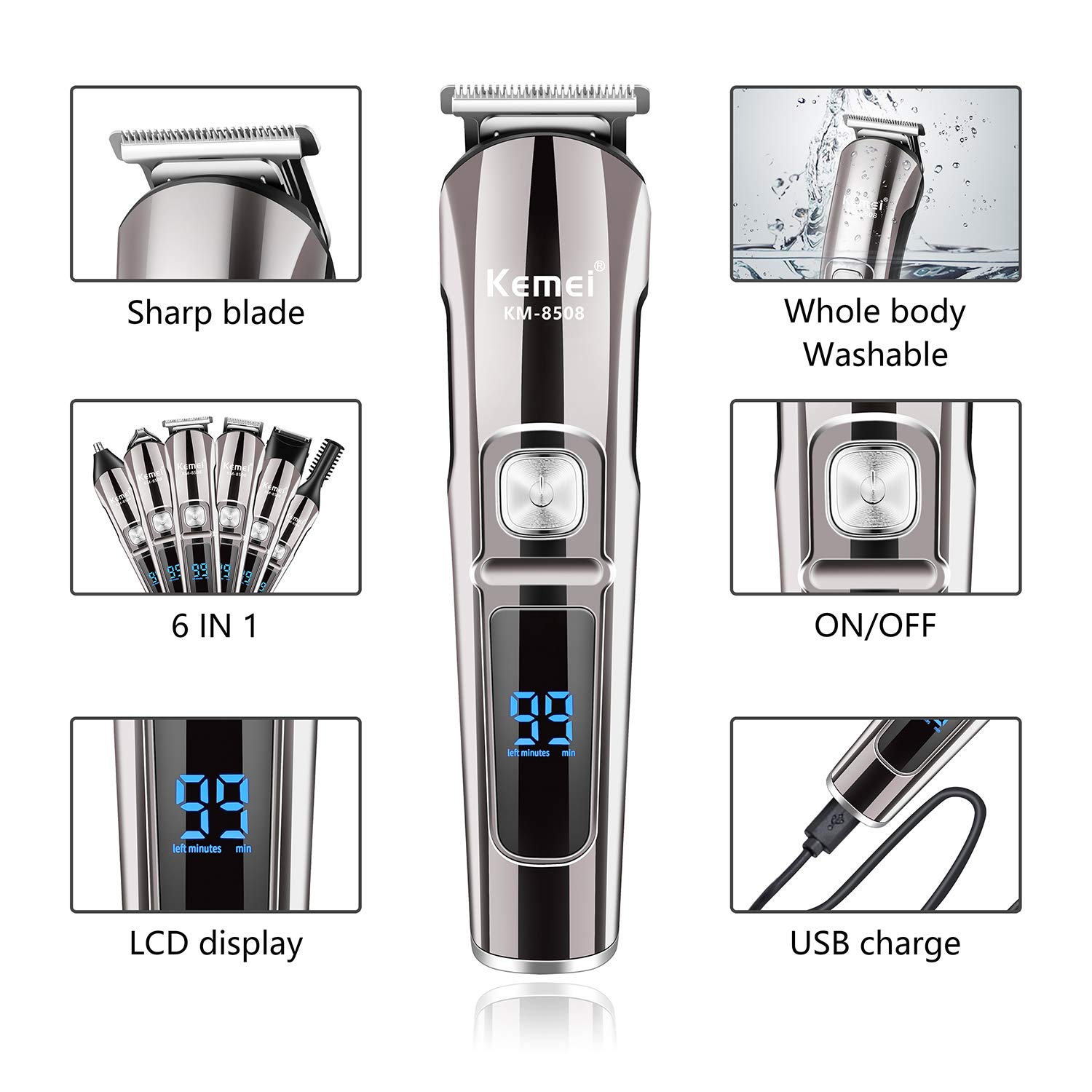 Kemei 8508 Professional Hairmer Roofproof 6 in 1 Hair Clipper Cliper Hair Cutting Machine Beard Trimer Men Men Haircut