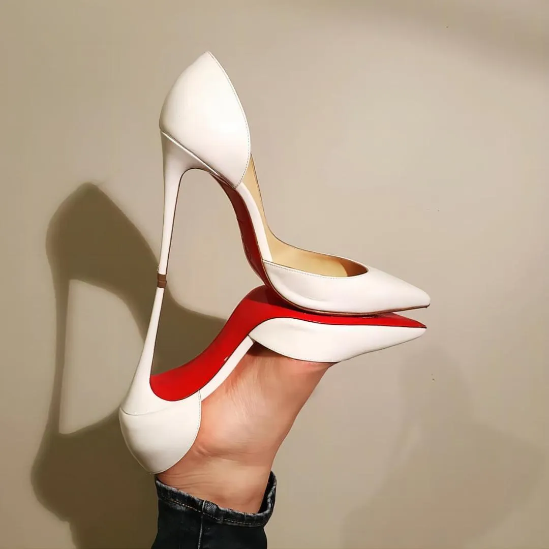 Designer High Heels Women Sandals Red Shiny Bottoms 8cm 10cm 12cmLeather Nude Black Wedding Shoes Thin Heel Pointed Toe Genuine 34-44