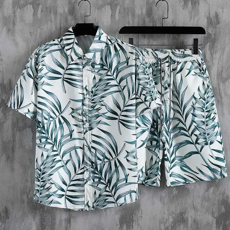 Casual shirts voor heren de nieuwe ins populaire strandhemd pakken korte mouwen shirts en trekkoord shorts Hawaiiaanse print bloemenheren kleding reizen een 240409