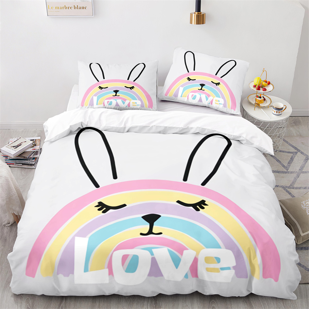 Regenboog dekbedovertrek set kleurrijke regenboog witte wolken patroon schattig kawaii polyester dekbed deksel koning queen size voor meisjes