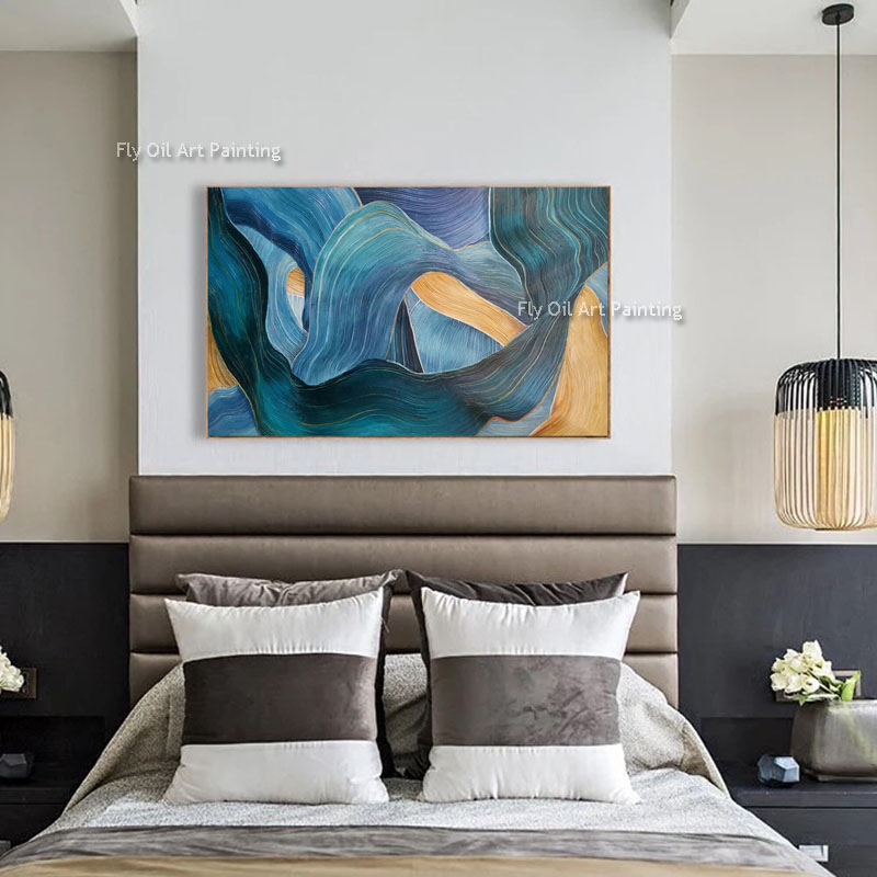 Streamer verde blu Amatrct tela dipinto decorazioni artistiche da parete gialla dipinta a mano soggiorno camera da letto moderna opera d'arte astratta