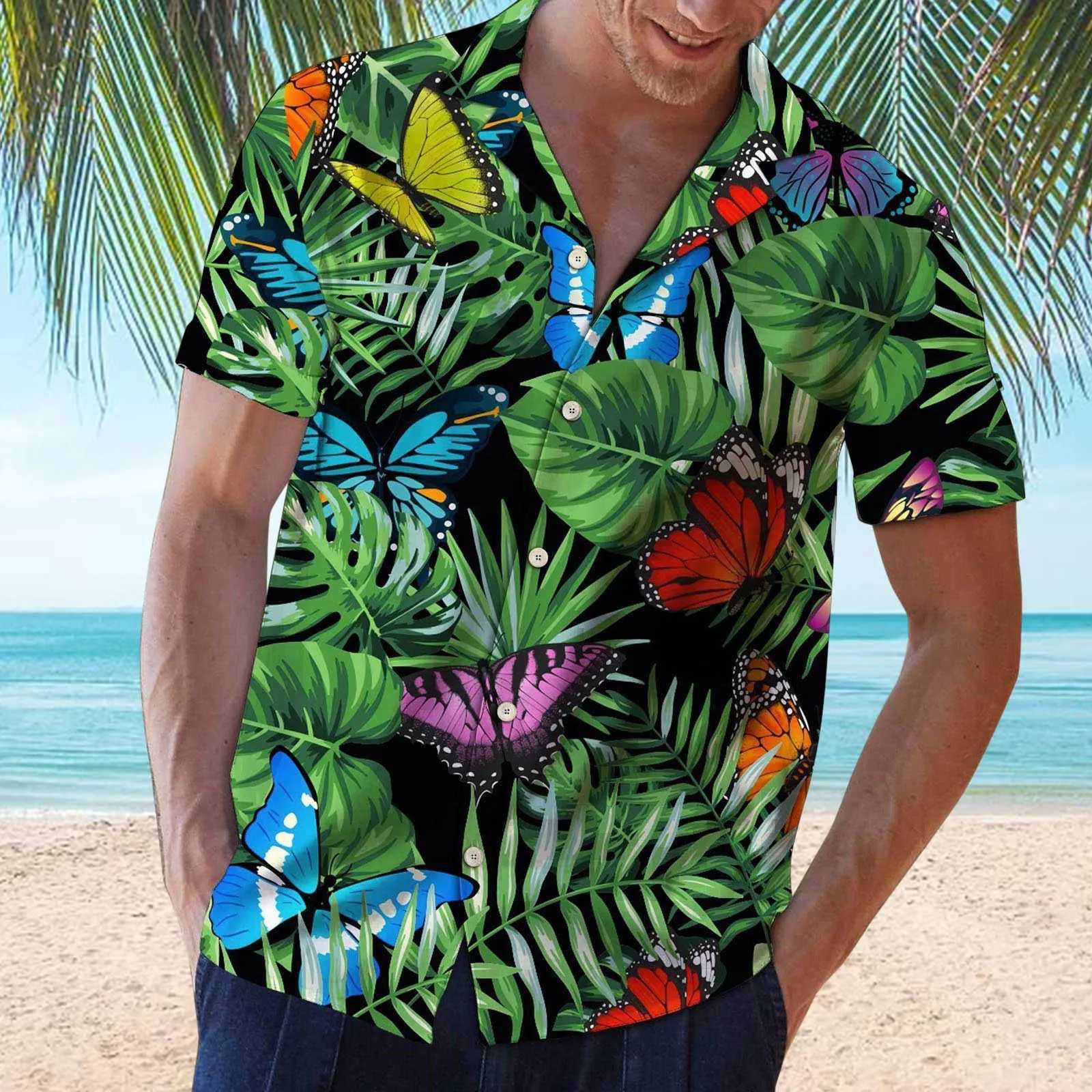 Chemises décontractées masculines 2023 New Hawaiian Red Leaf Tropical Shirts Floral Men Dazn Tops Summer Casual Short Sleeve Button Chemise Loose Vacation Beach 2449