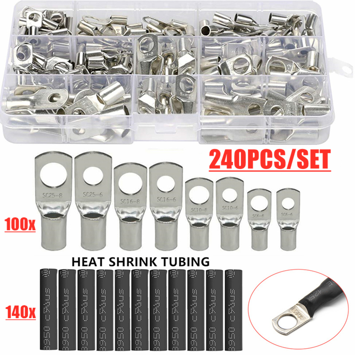 60/Ring Terminal Cable Shoes Lugs 4-35mm2 Tinned Copper Lug Wire eye Connectors Bare Terminals Lugs Wire Copper Kit