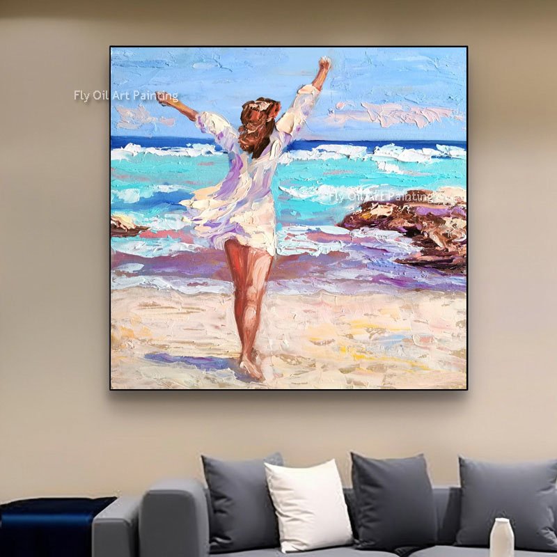 Girl Beach Canvas Målning Art Tropical Hawaii Beach Wall Art Decor Handmade Kvinna Seascape Artwork Ocean Impasto Oil Målning Seascape Figural Art for Living Room